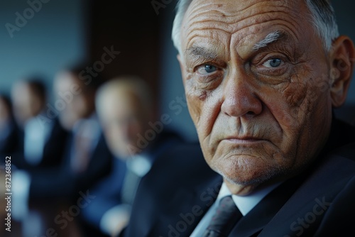 A close-up shot of a serious elderly businessman in a suit and tie, sitting in a boardroom, with other blurred silhouettes in the background, reflecting authority and leadership.