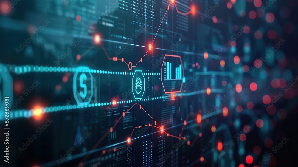 Digital Financial Network of the Future - Abstract Futuristic Icons on Dark Background Digital Financial Network of the Future - Abstract Futuristic Icons on Dark Background