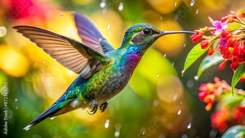 Colorful humming bird are flying near flowers and pecking at water droplets falling from beautiful wild flowers pollen. photo