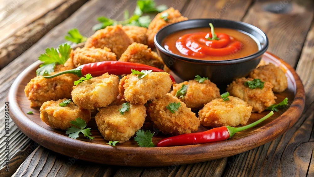 Chicken Nuggets - Deep fried chicken pieces with chilli dip Chicken Nuggets - Deep fried chicken pieces with chilli dip