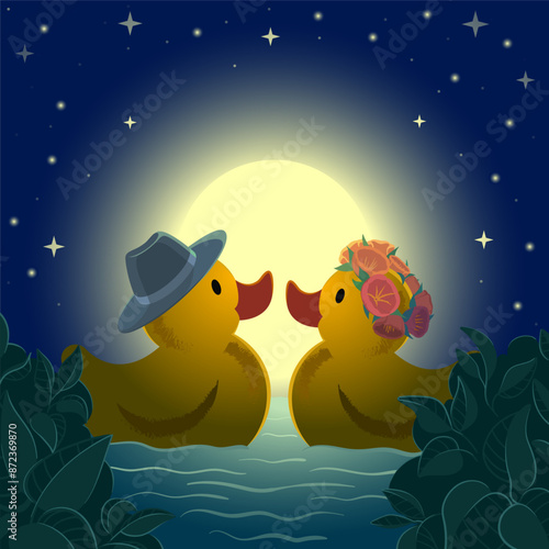 A couple of rubber ducks in love float at night in a pond against the backdrop of stars and a full moon.