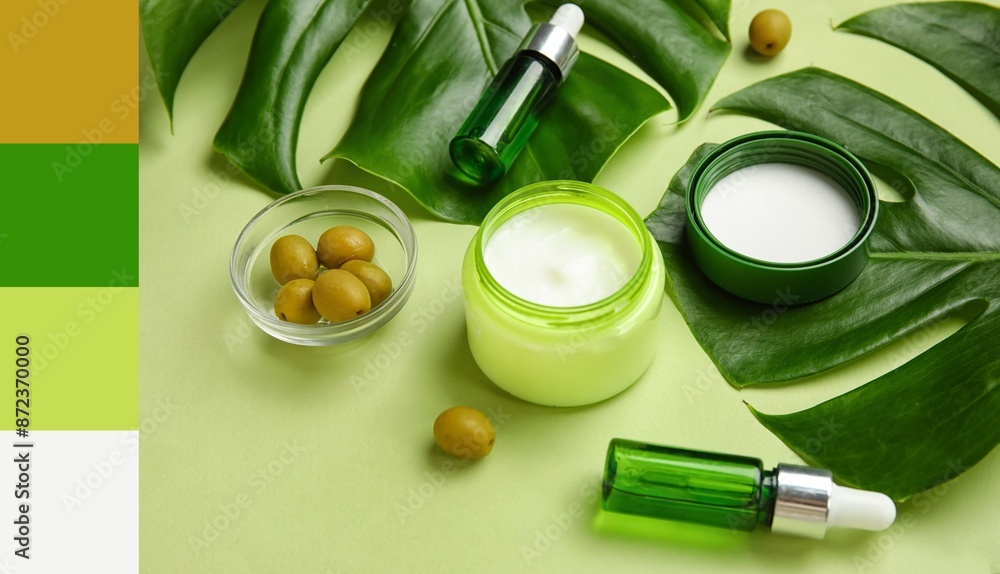 Natural cosmetics, olives and palm leaves on green background. Different color patterns Natural cosmetics, olives and palm leaves on green background. Different color patterns
