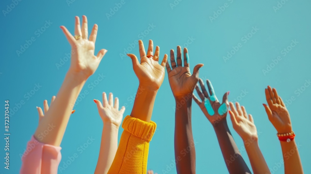 A lively photo of multiple hands of varying skin tones raised upwards against a clear blue sky, symbolizing hope and unity in an outdoor setting. A lively photo of multiple hands of varying skin tones raised upwards against a clear blue sky, symbolizing hope and unity in an outdoor setting.