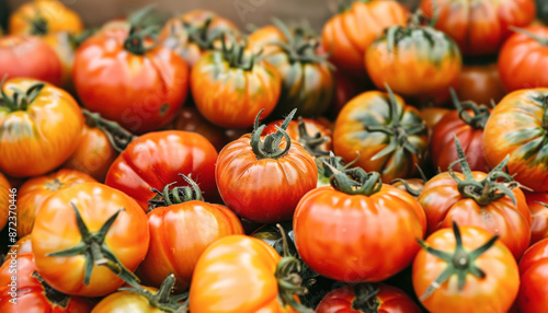 A stack of tomatoes placed on a table, representing healthy and fresh plantbased food ingredients