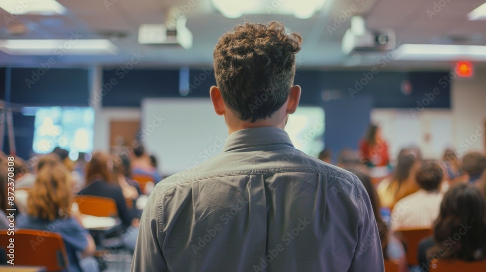The image illustrates a lecturer positioned at the front of a modern classroom, addressing students seated at desks with an emphasis on an academic lecture in progress. The image illustrates a lecturer positioned at the front of a modern classroom, addressing students seated at desks with an emphasis on an academic lecture in progress.