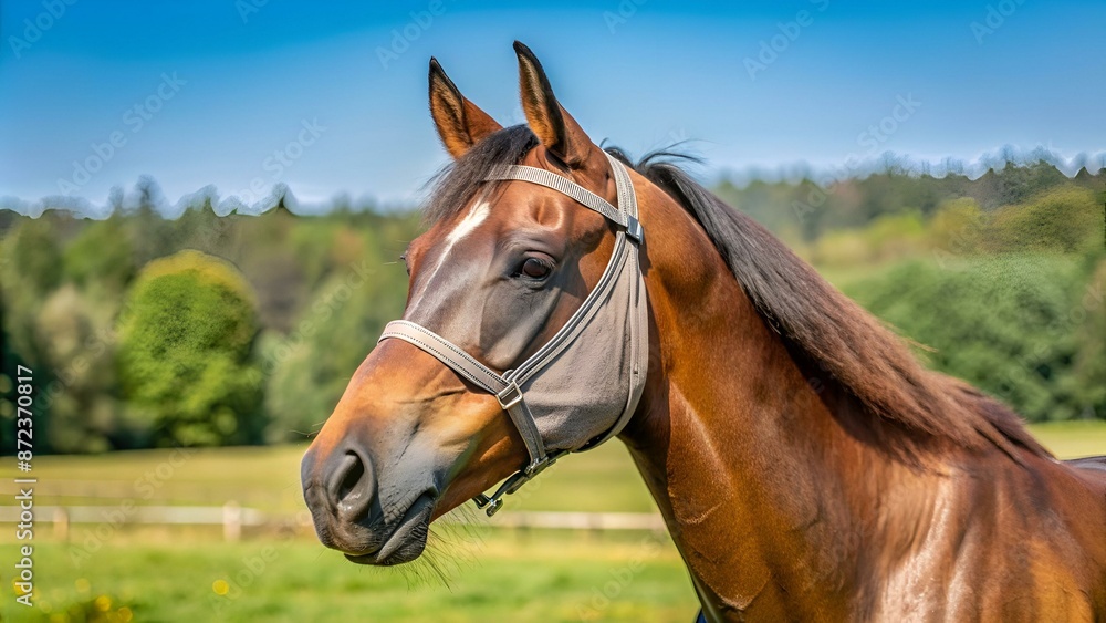 brown horse wearing fly mask brown horse wearing fly mask