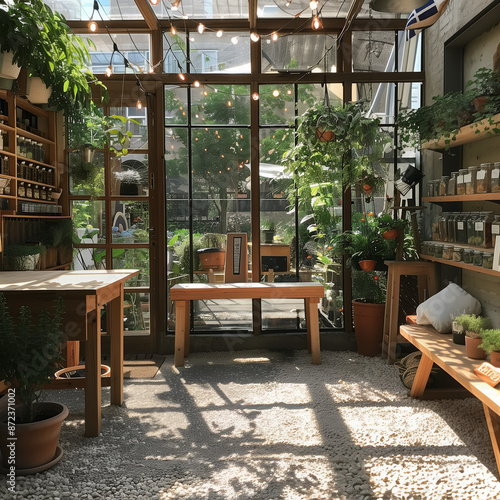 Green Growth: An Empty Greenhouse with Planting Tables and Grow Lights