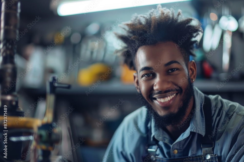 A smiling mechanic is standing in his workshop, surrounded by tools and machinery, showcasing his craft and the satisfying work environment.