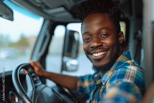 In this image, a happy man wearing casual attire is captured driving a vehicle outdoors, his beaming smile reflecting a sense of freedom and enjoyment. photo