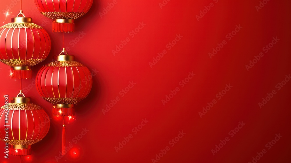 Elegant red Chinese lanterns with a gold finish on a plain red background. Elegant red Chinese lanterns with a gold finish on a plain red background.
