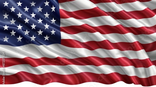 Realistic depiction of a waving American flag with rippling fabric texture, symbolizing national pride, freedom, and patriotism, rendered in a modern artistic style.