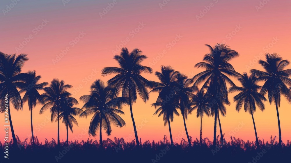 Beautiful silhouettes of palm trees lining the horizon with a breathtaking pink, purple, and orange sunset sky backdrop, creating a serene and exotic tropical scene. Beautiful silhouettes of palm trees lining the horizon with a breathtaking pink, purple, and orange sunset sky backdrop, creating a serene and exotic tropical scene.