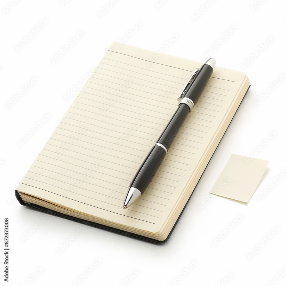 Notebook, pen, and sticky note on white background. Notebook is closed with pen on top. Sticky note is to the right of notebook and pen. Notebook, pen, and sticky note on white background. Notebook is closed with pen on top. Sticky note is to the right of notebook and pen.
