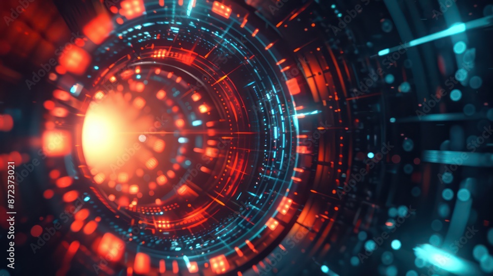Obraz premium Futuristic Digital Tunnel with Neon Lights and Glowing Particles