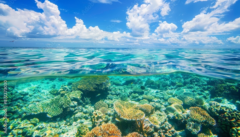 Fototapeta premium Vibrant Coral Reef Under Crystal Clear Ocean Waters