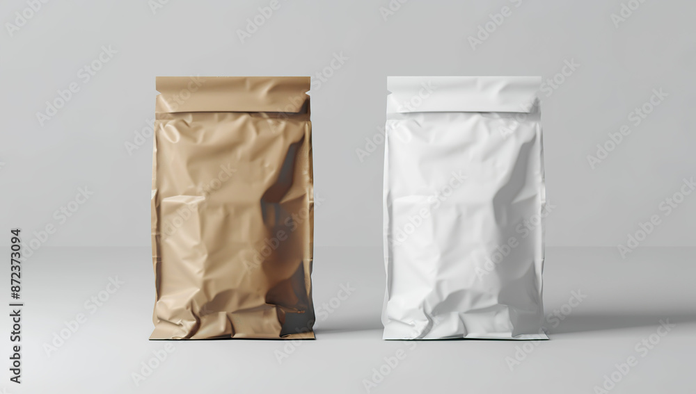 Crumpled brown and white coffee bags on plain background Crumpled brown and white coffee bags on plain background