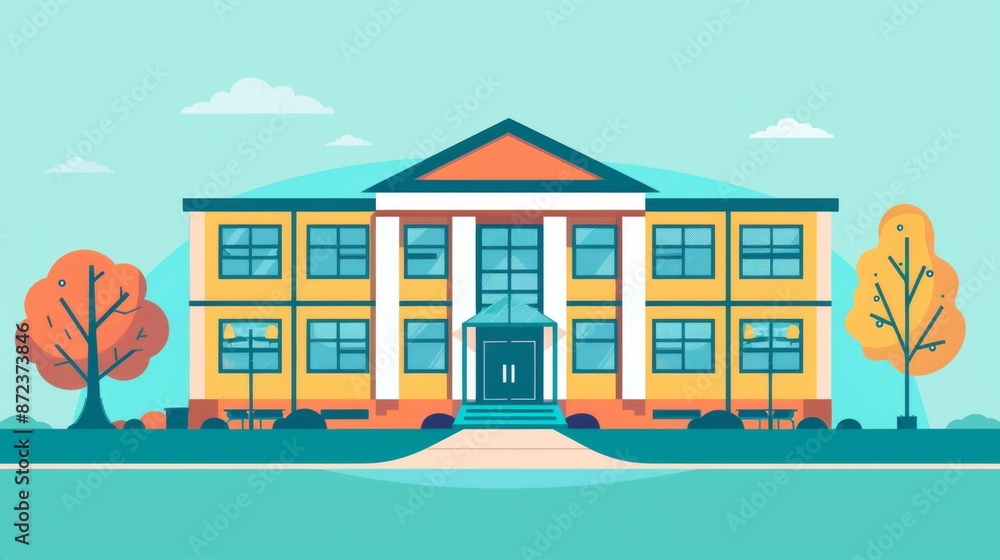 A bright orange two-story classic building with white pillars, central entry, and large windows, set against a tranquil outdoor background, exuding a warm, inviting atmosphere. A bright orange two-story classic building with white pillars, central entry, and large windows, set against a tranquil outdoor background, exuding a warm, inviting atmosphere.