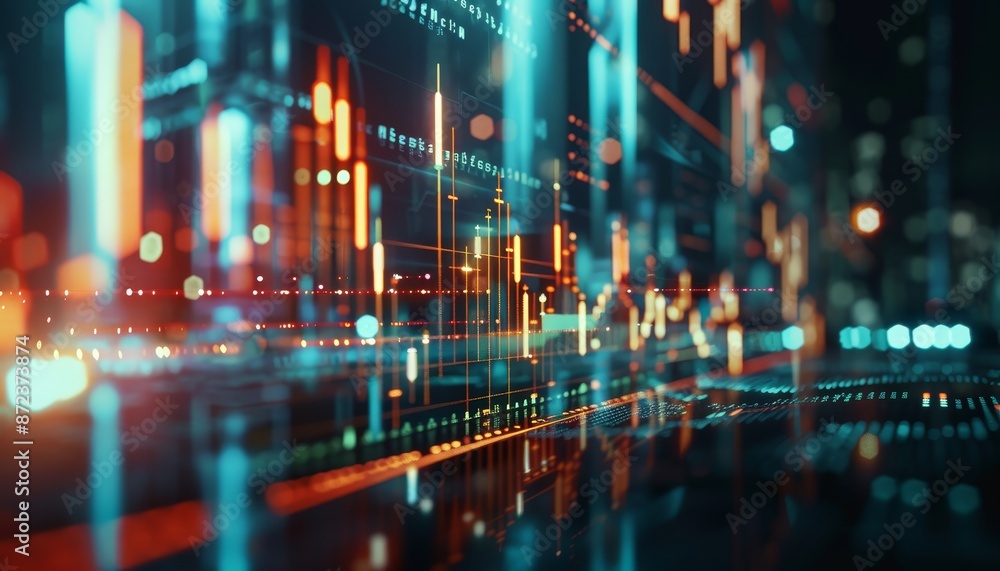 Dynamic Financial Market Display with Stock Charts and City Lights Dynamic Financial Market Display with Stock Charts and City Lights