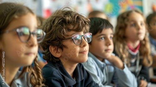 A bright and engaging scene of children sitting together, listening attentively to a lecture in a classroom, reflecting the enthusiasm and interest in gaining knowledge.