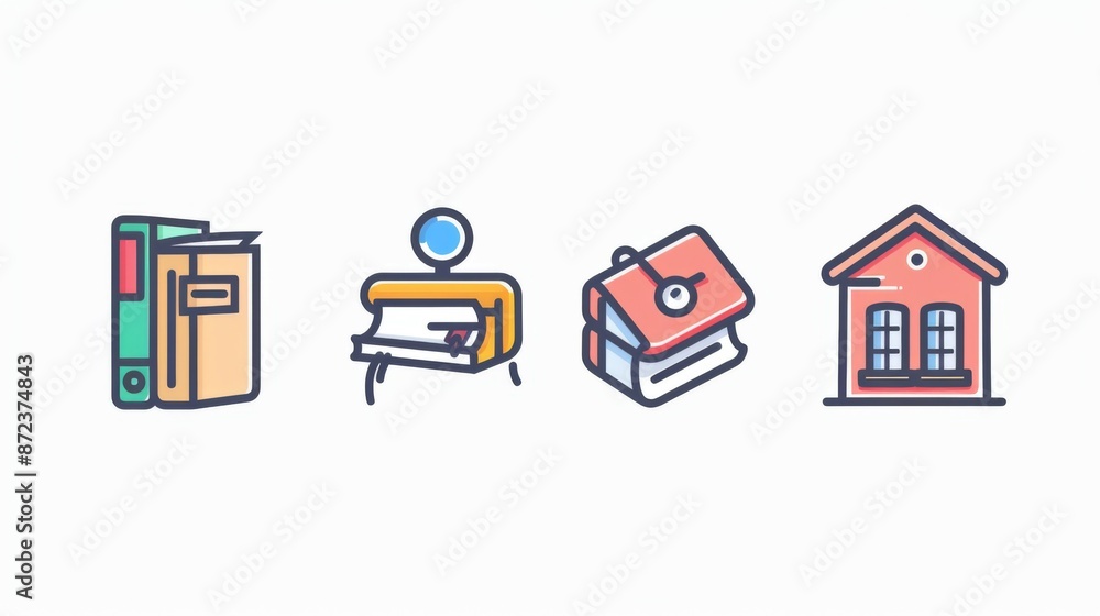 A set of educational icons highlighting essential elements like books, desks, and a schoolhouse, reflecting the themes of learning, teaching, and academic development.