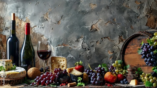 Rustic still life with wine, cheese, grapes, and assorted fruits displayed on a wooden table against a textured wall.