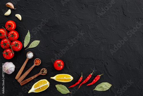 Cooking frame with tomatoes cutting vegetables and spices, top view. Menu concept