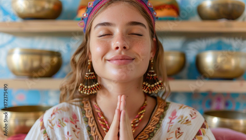 A woman is standing with her eyes closed in front of a wall of singing bowls, deep in prayer