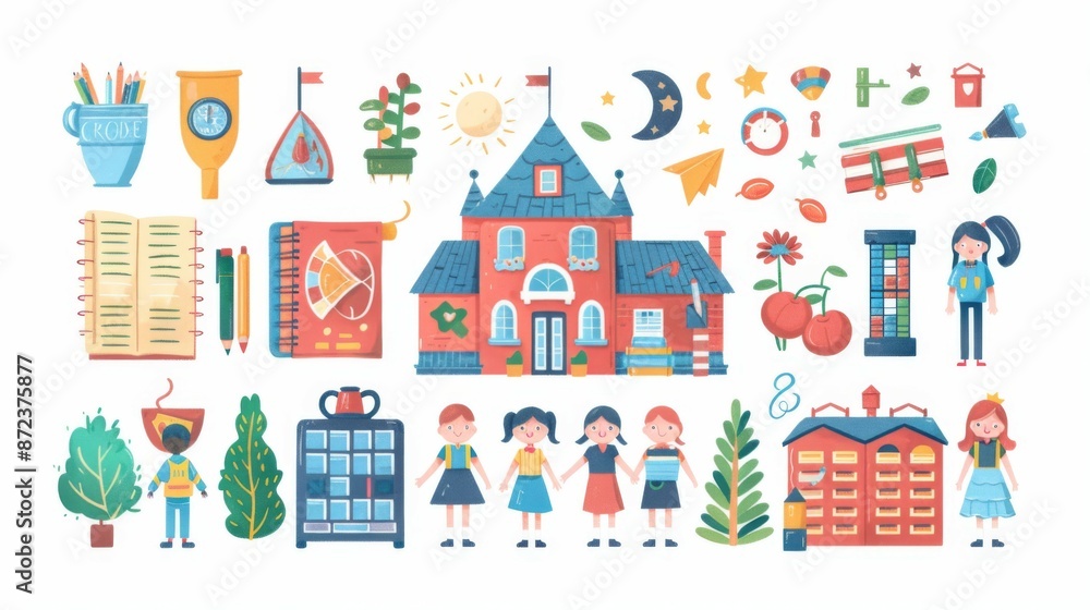 A charming illustration featuring educational elements and children, showcasing various school-related items, raising the imaginative and playful spirit of learning. A charming illustration featuring educational elements and children, showcasing various school-related items, raising the imaginative and playful spirit of learning.