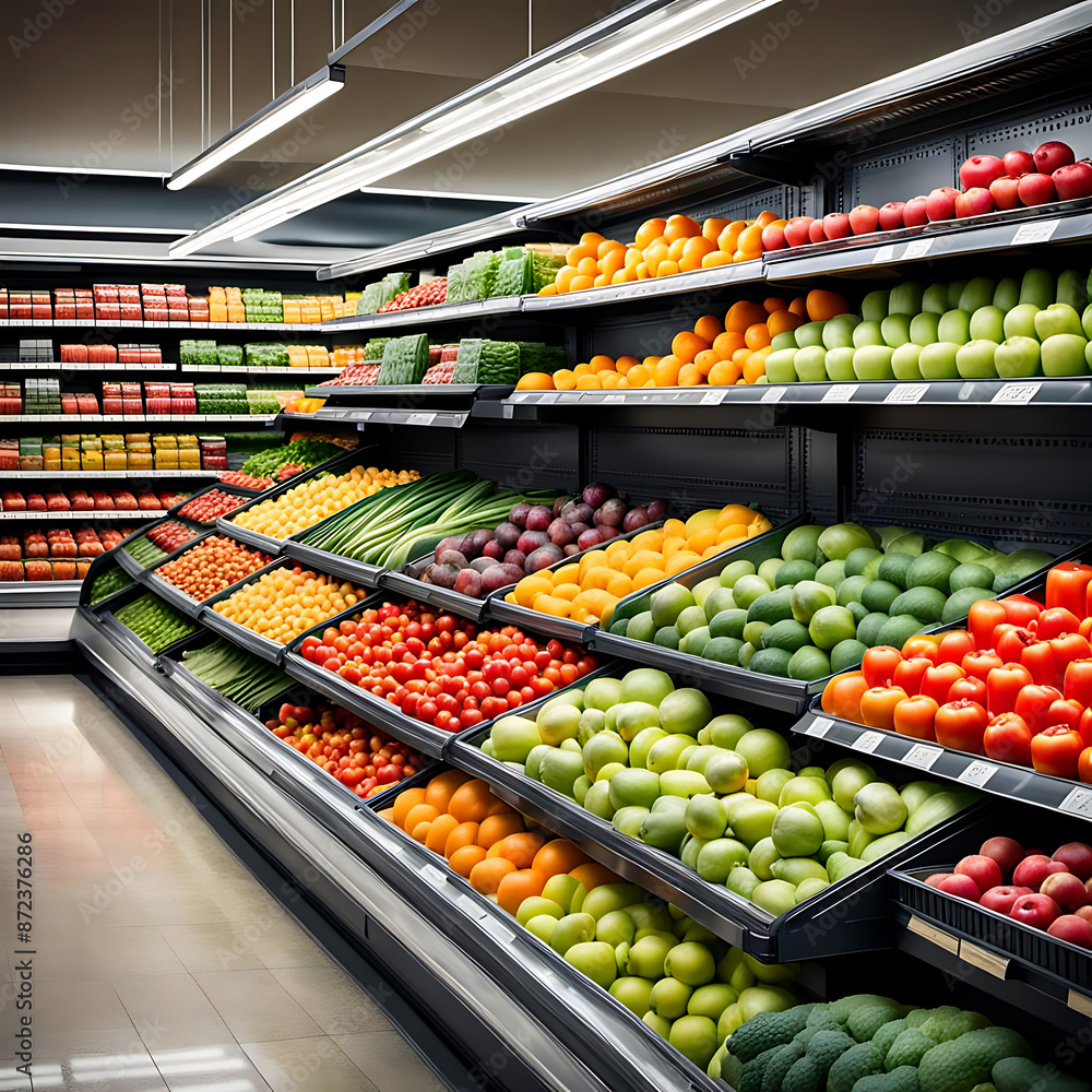 Obst und Gemüse frisch bunt sortiert in langen hohen Regalen Kühlregalen zum Verkauf im Supermarkt Produkt Präsentation Angebot Auslage gekühlt sortiert umweltfreundlich unverpackt Bio Naturprodukte