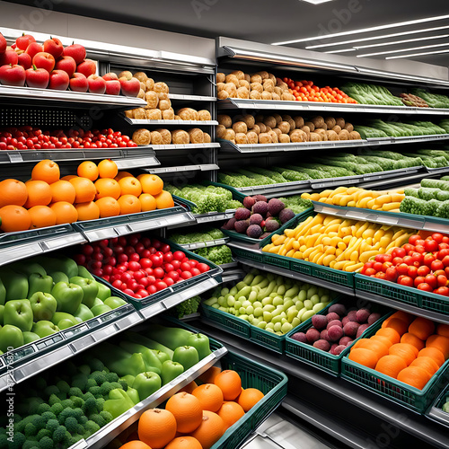 Obst und Gemüse frisch bunt sortiert in langen hohen Regalen Kühlregalen zum Verkauf im Supermarkt Produkt Präsentation Angebot Auslage gekühlt gesund umweltfreundlich unverpackt Bio Naturprodukte  photo