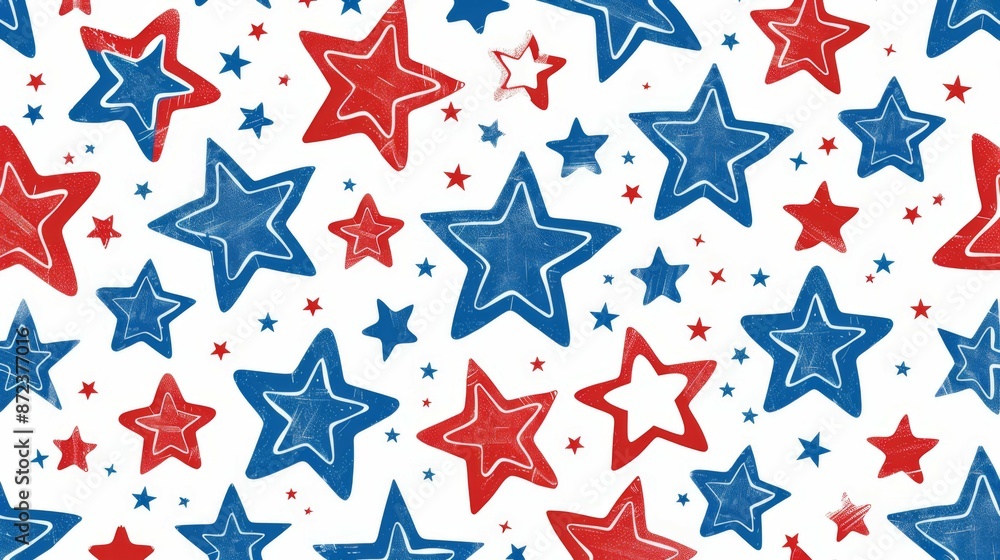 A playful and vibrant star pattern in red and blue, set against a white background, evokes a sense of joy, celebration, and patriotic spirit through its dynamic design. A playful and vibrant star pattern in red and blue, set against a white background, evokes a sense of joy, celebration, and patriotic spirit through its dynamic design.