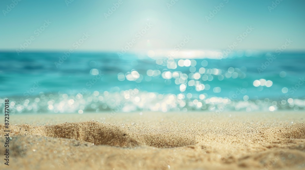 This image captures a close-up of a sandy beach with a blurry blue sea and sky in the background, creating a calm and serene atmosphere perfect for relaxation.