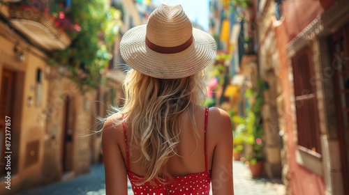 Tourist Woman Exploring the Gothic Quarter in Barcelona, Woman Walking in Barcelona's Gothic Quarter © SimgeN