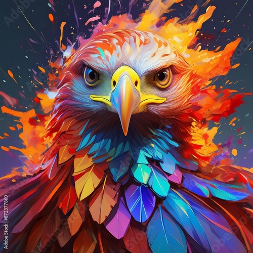 A vibrant eagle, featuring a yellow beak, is encompassed by an array of colorful feathers, portraying a striking image of this magnificent bird with bright hues
