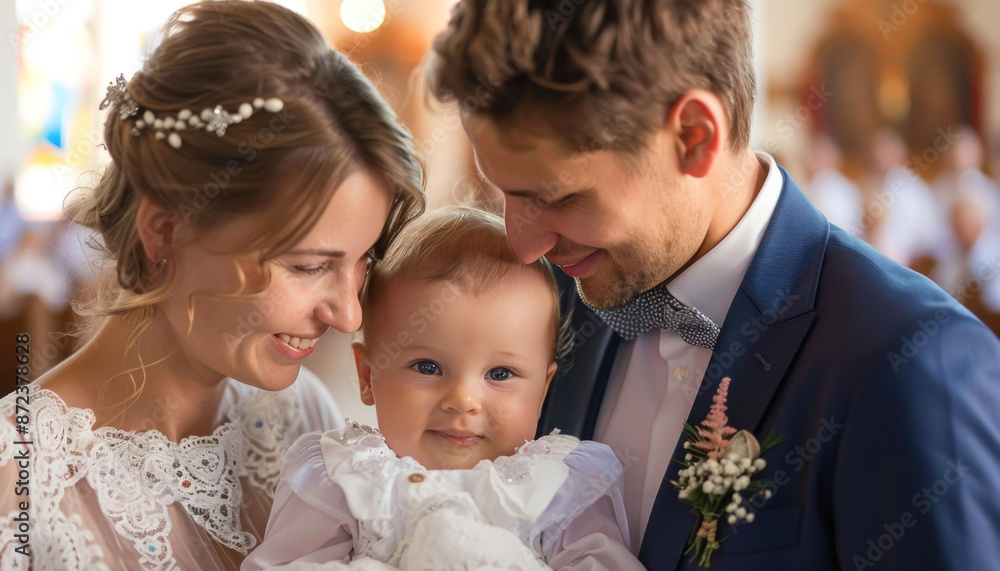 A bride and groom are happily holding a baby inside a church during a joyous occasion A bride and groom are happily holding a baby inside a church during a joyous occasion