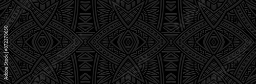 Banner, cover design. Relief geometric ethnic 3D pattern on a black background. Artistic ornaments, arabesques, doodle, zentangle. Tribal motifs of the East, Asia, India, Mexico, Aztec, Peru.