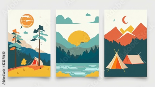 A minimalist and colorful series illustrating tents set up in nature landscapes, emphasizing a serene and peaceful camping experience perfect for outdoor appreciators. photo