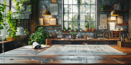 Architectural workspace with drawing blueprints and drafting tools on a wooden table. Indoor photography of an office with plants and natural light. Banner with copy space