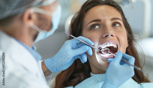 Woman having teeth inspected by dentist during checkup to ensure good oral health photo