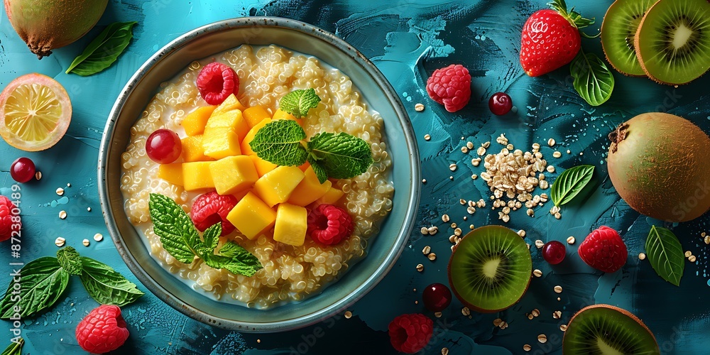 Bowl of quinoa porridge with tropical fruits on a vibrant table Bowl of quinoa porridge with tropical fruits on a vibrant table