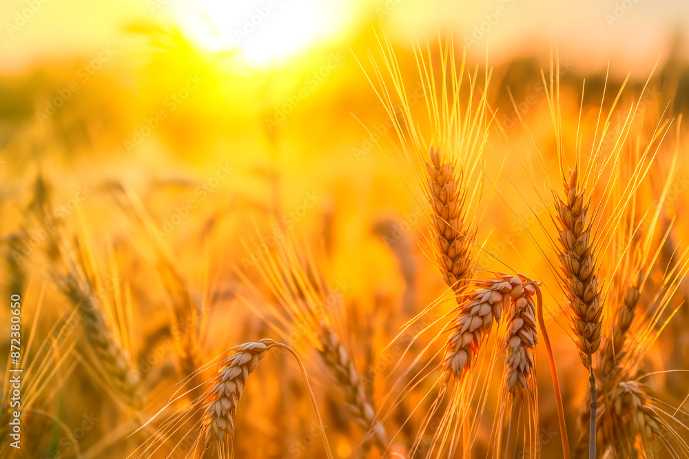 Amazing agriculture sunset landscape.Growth nature harvest. Wheat field natural product. Ears of golden wheat close up. Rural scene under sunlight Amazing agriculture sunset landscape.Growth nature harvest. Wheat field natural product. Ears of golden wheat close up. Rural scene under sunlight