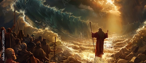 Wallpaper Mural Moses striking the rock at Horeb with his staff, causing water to miraculously gush forth. Astonished Israelites rush to collect the water, while Moses stands resolute, his faith and leadership eviden Torontodigital.ca