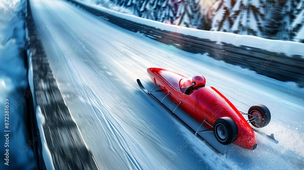 Red racing sled on a snowy track in a winter forest, high-speed bobsleigh in action. Dynamic sports photography capturing Red racing sled on a snowy track in a winter forest, high-speed bobsleigh in action. Dynamic sports photography capturing