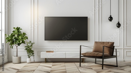 Mockup a TV wall mounted with armchair in living room with a white wall.3d rendering 