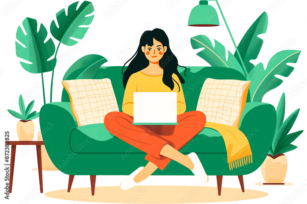 Asian young woman freelancer sitting on comfortable sofa browsing internet via laptop computer. Working from home concept illustration