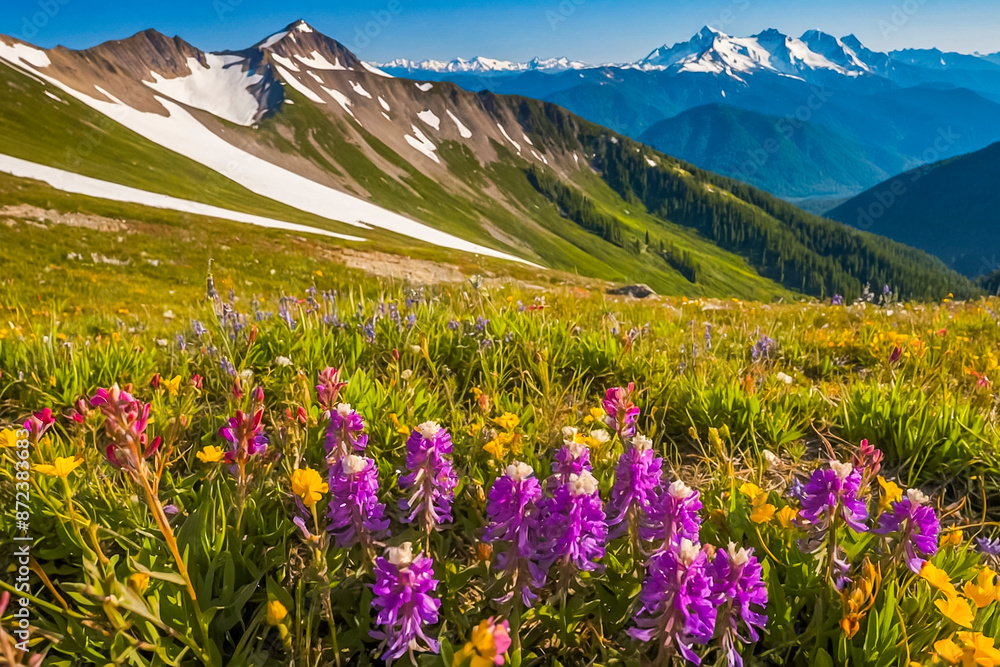 Fototapeta premium Mountains landscape in summer season. Bright wildflowers on alpine meadows enliven the landscape