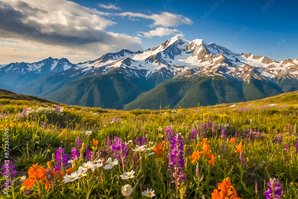 Fototapeta premium Beautiful snow top mountains landscape with wildflowers on the meadow