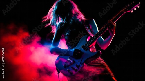 rock concert female guitarist silhouette more blue and purple background , generated by AI. High quality photo