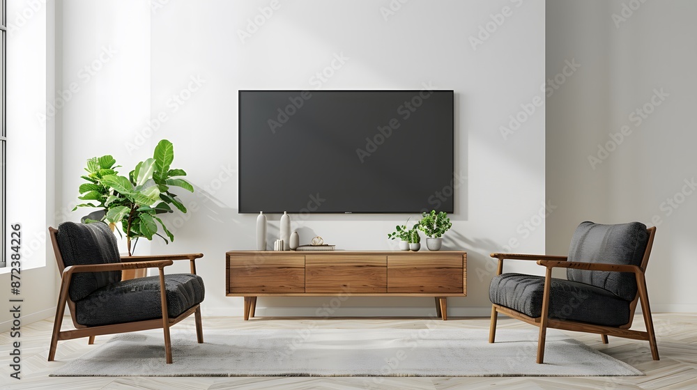 Mockup a TV wall mounted with armchair in living room with a white wall.3d rendering
Mockup a TV wall mounted with armchair in living room with a white wall.3d rendering