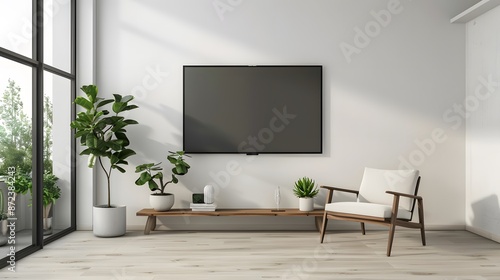 Mockup a TV wall mounted with armchair in living room with a white wall.3d rendering  © Ziyan